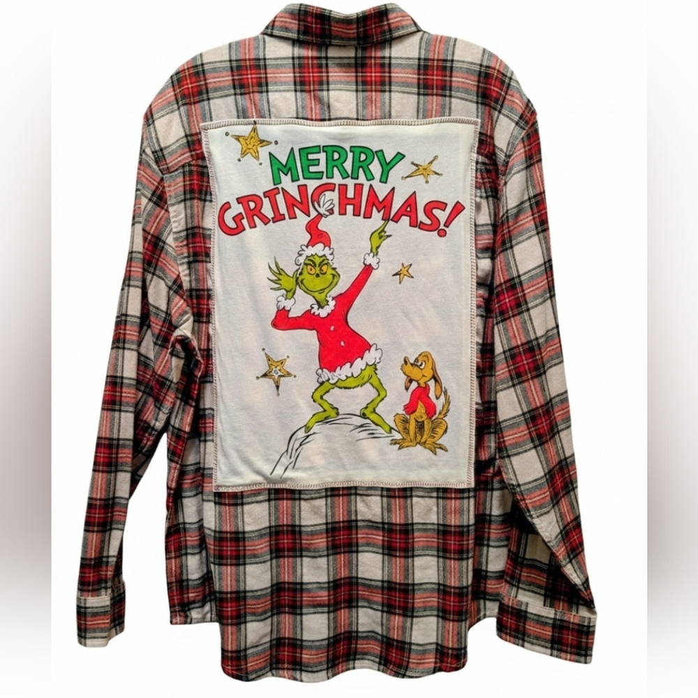 Grinch & Max Upcycled Plaid Flannel Shirt Hand Crafted